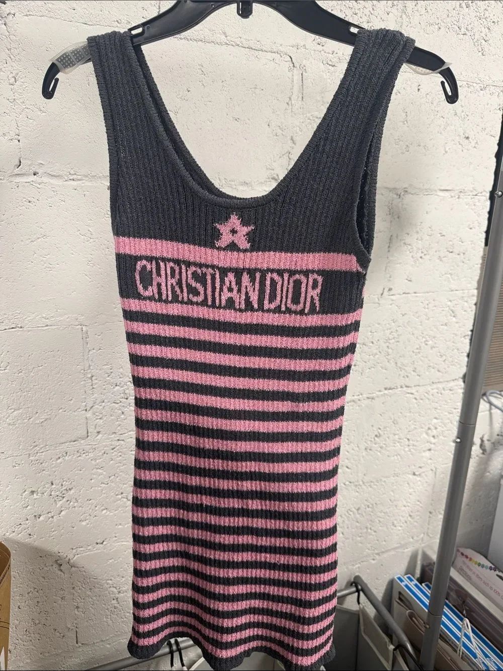 Christian Dior Ribbed Knit Tank Dress in Grey & Pink - Size Small - Mini Tank